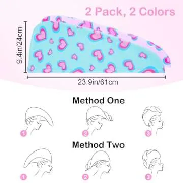 Basumee Microfiber Hair Towel Wrap for Kids 2 Pack Rapid Drying Hair Towel with Button Hair Turbans for Wet Hair Wraps Head Towel Wrap for Women and Girls, Pink Green Hearts