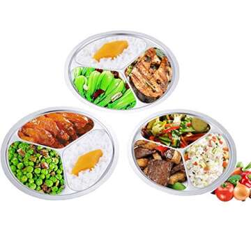 AIYoo 304 Stainless Steel Sectioned Dinner Plates Set of 2 Divided Plates 11 inches with 3 Compartments Mess Trays Food Plate for Adults, Campers, and for Portion Control Metal plate