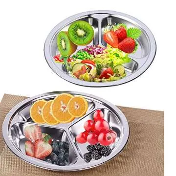 AIYoo 304 Stainless Steel Sectioned Dinner Plates Set of 2 Divided Plates 11 inches with 3 Compartments Mess Trays Food Plate for Adults, Campers, and for Portion Control Metal plate