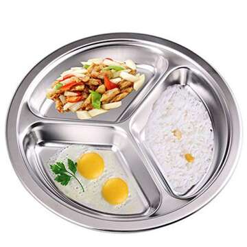 AIYoo 304 Stainless Steel Sectioned Dinner Plates Set of 2 Divided Plates 11 inches with 3 Compartments Mess Trays Food Plate for Adults, Campers, and for Portion Control Metal plate