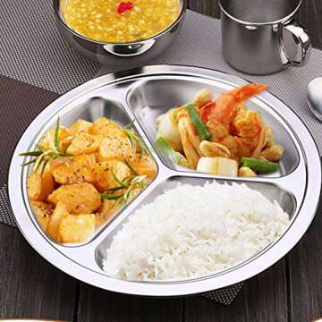 AIYoo 304 Stainless Steel Sectioned Dinner Plates Set of 2 Divided Plates 11 inches with 3 Compartments Mess Trays Food Plate for Adults, Campers, and for Portion Control Metal plate