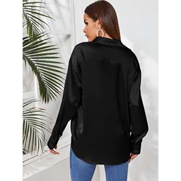 MakeMeChic Women's Satin Silk Long Sleeve Blouse Button Down Shirt Casual Top Black S
