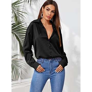 MakeMeChic Women's Satin Silk Long Sleeve Blouse Button Down Shirt Casual Top Black S