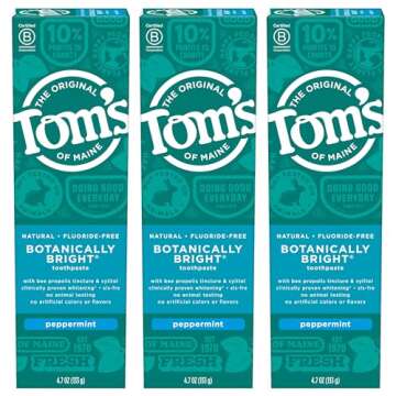 Tom's of Maine Natural Fluoride-Free SLS-Free Botanically Bright Toothpaste, Peppermint, 4.7 oz. 3-Pack (Packaging May Vary)