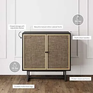 Nathan James Kova Rattan Wood Accent Sideboard Storage Cabinet Console Table with Metal Frame, Adjustable Shelves and Cane Doors, for Hallway, Entryway or Living Room, Black Oak/Cane, Set of 3