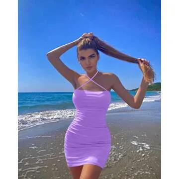 BORIFLORS Women's Sexy Bodycon Sleeveless Ruched Spaghetti Strap Mini Club Party Dress, Small, Purple