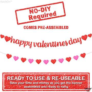 KatchOn, Glitter Happy Valentines Day Banner - 10 Feet, No DIY | Red Pink Heart Garland for Valentin...