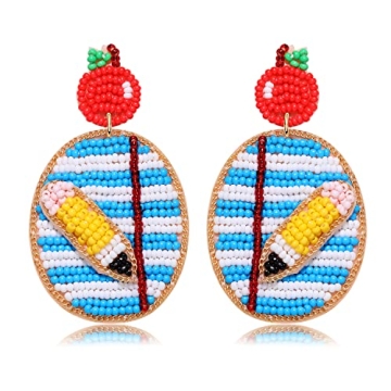NLCAC Teacher Earrings Beaded Apple Pencil Book Earrings for Women Book Reading Day Gifts Back To Sc...