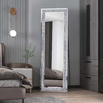 MUAUSU Crystal Full Length Floor Mirror- 59"×18" Crushed Diamond Full Body Mirror Silver Long Stand...