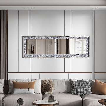 MUAUSU Crystal Full Length Floor Mirror- 59"×18" Crushed Diamond Full Body Mirror Silver Long Standing Mirror for Bedroom Living Room Bathroom Wall Mounted