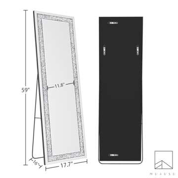 MUAUSU Crystal Full Length Floor Mirror- 59"×18" Crushed Diamond Full Body Mirror Silver Long Standing Mirror for Bedroom Living Room Bathroom Wall Mounted
