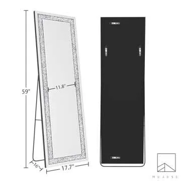 MUAUSU Crystal Full Length Floor Mirror- 59"×18" Crushed Diamond Full Body Mirror Silver Long Standing Mirror for Bedroom Living Room Bathroom Wall Mounted