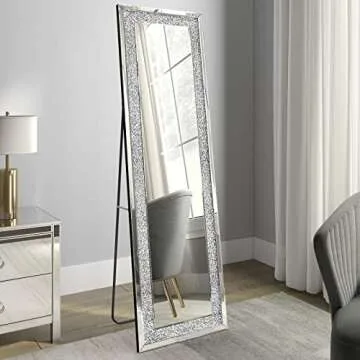 MUAUSU Crystal Full Length Floor Mirror- 59"×18" Crushed Diamond Full Body Mirror Silver Long Standing Mirror for Bedroom Living Room Bathroom Wall Mounted