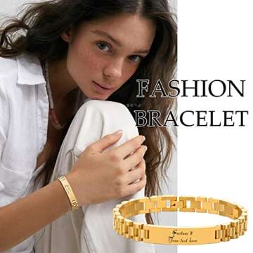 MPRAINBOW Personalized Women Gold Link Bracelet - Love Quote Name ID Engraved Link Bracelet,Adjustable Watch Band Chain Wristband Jewelry Gifts to Lover Girlfriend Wife Mom Sister