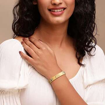 MPRAINBOW Personalized Women Gold Link Bracelet - Love Quote Name ID Engraved Link Bracelet,Adjustable Watch Band Chain Wristband Jewelry Gifts to Lover Girlfriend Wife Mom Sister