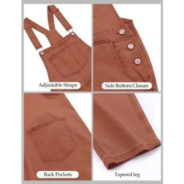 Vetinee Women's Brick Red Adjustable Straps Pockets Boyfriend Denim Bib Overalls Jeans Pants Medium