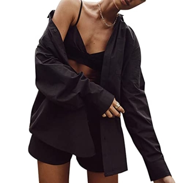 Women's Casual 3 Piece Outfit Set Stripe Long Sleeve Shirt Bra Top Loose Shorts Tracksuit DD941