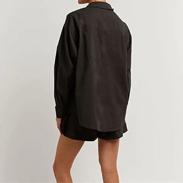 Women's Casual 3 Piece Outfit Set Stripe Long Sleeve Shirt Bra Top Loose Shorts Tracksuit DD941