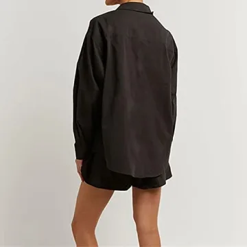 Women's Casual 3 Piece Outfit Set Stripe Long Sleeve Shirt Bra Top Loose Shorts Tracksuit DD941