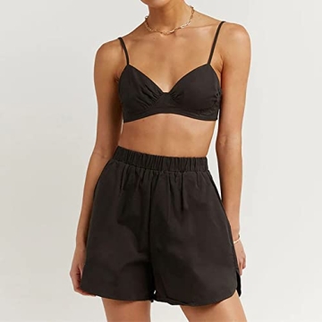 Women's Casual 3 Piece Outfit Set Stripe Long Sleeve Shirt Bra Top Loose Shorts Tracksuit DD941