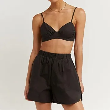 Women's Casual 3 Piece Outfit Set Stripe Long Sleeve Shirt Bra Top Loose Shorts Tracksuit DD941