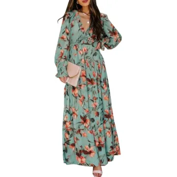 BLENCOT Women's Casual Boho Floral Printed Deep V Neck Loose Long Sleeve Long Evening Dress Ruched C...