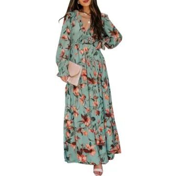 BLENCOT Women's Casual Boho Floral Printed Deep V Neck Loose Long Sleeve Long Evening Dress Ruched Cocktail Party Maxi Wedding Dress Green Large