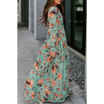 BLENCOT Women's Casual Boho Floral Printed Deep V Neck Loose Long Sleeve Long Evening Dress Ruched Cocktail Party Maxi Wedding Dress Green Large