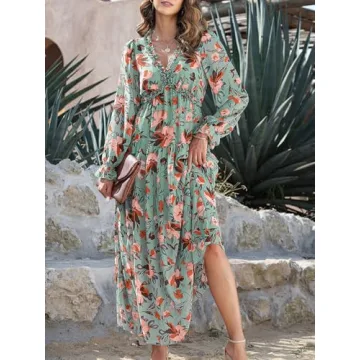 BLENCOT Women's Casual Boho Floral Printed Deep V Neck Loose Long Sleeve Long Evening Dress Ruched Cocktail Party Maxi Wedding Dress Green Large