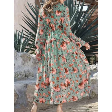 BLENCOT Women's Casual Boho Floral Printed Deep V Neck Loose Long Sleeve Long Evening Dress Ruched Cocktail Party Maxi Wedding Dress Green Large