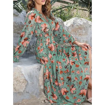 BLENCOT Women's Casual Boho Floral Printed Deep V Neck Loose Long Sleeve Long Evening Dress Ruched Cocktail Party Maxi Wedding Dress Green Large