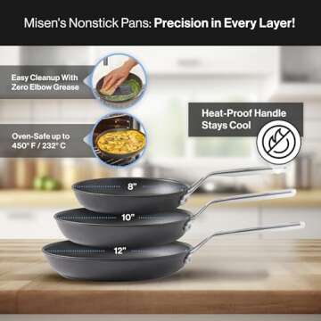 Misen Nonstick Frying Pan Set - 8, 10, 12 Inch Skillets for Cooking Eggs, Omelettes - Induction Ready, Dishwasher Safe, Non Stick Fry Pans - Saute Pans Nonstick - 10 inches