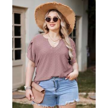 IN'VOLAND Womens Plus Size Soild Tops Summer Casual Country V Neck Hollow Tee Shirts Short Sleeve Fa...