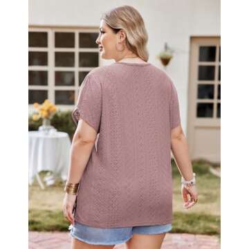 IN'VOLAND Womens Plus Size Soild Tops Summer Casual Country V Neck Hollow Tee Shirts Short Sleeve Fashion Loose Blouse 2024 Pink