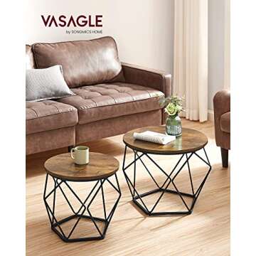 VASAGLE Small Coffee Table Set of 2, Round Coffee Table with Steel Frame, Side End Table for Living Room, Bedroom, Office, Rustic Brown and Ink Black