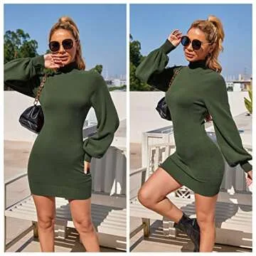 EXLURA Women's Stylish Mock Neck Ribbed Sweater Dress