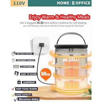 Mr.Dakai Electric Heated Lunch Box, Thermal Bento Lunch Box for Kids & Adults, Stackable Stainless Steel Bento Lunch Box Adult, Portable Food Warmer Hot Food Lunch Box 3 Tier Insulated Container