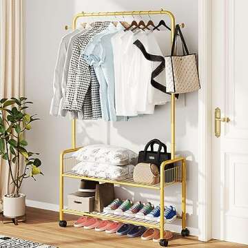 JIUYOTREE Rolling Clothes Rack 35.4 Inches Freestanding Metal Clothing Rack with 2-Tier Storage Racks Garment Coat Rack with Wheels for Clothes Shoes Hats Bags Golden