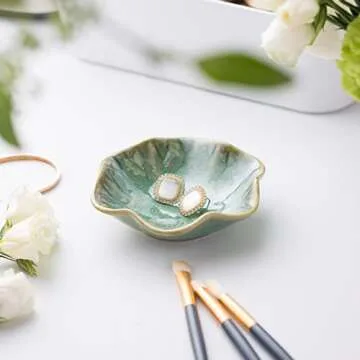 Jewelry Dish,Ceramic Trinket tray, small ring holder, Key Bowl,Home Decoration,Gifts for Friends Sisters Daughter Mother (Green)