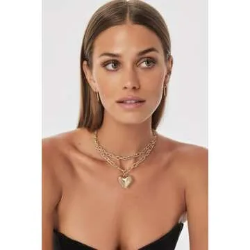 HolidayQbee Puffy Gold Necklaces For Women With Double Layer Chain Heart Pendant Chunky Gold Heart L...