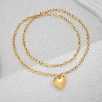 HolidayQbee Puffy Gold Necklaces For Women With Double Layer Chain Heart Pendant Chunky Gold Heart Link Necklace Fashion Jewelry Gift