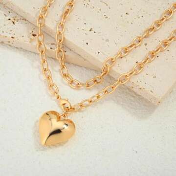 HolidayQbee Puffy Gold Necklaces For Women With Double Layer Chain Heart Pendant Chunky Gold Heart Link Necklace Fashion Jewelry Gift