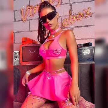 Women's Rave Festival Outfits Metallic Mini Skirt Cutout Crop Bra Top Choker 3 Piece Strappy Festiva...