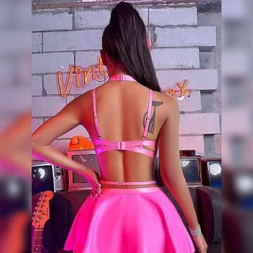 Women's Rave Festival Outfits Metallic Mini Skirt Cutout Crop Bra Top Choker 3 Piece Strappy Festival Dancewear Clothes Set Rose Small