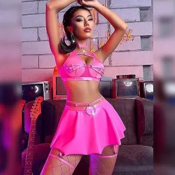 Women's Rave Festival Outfits Metallic Mini Skirt Cutout Crop Bra Top Choker 3 Piece Strappy Festival Dancewear Clothes Set Rose Small