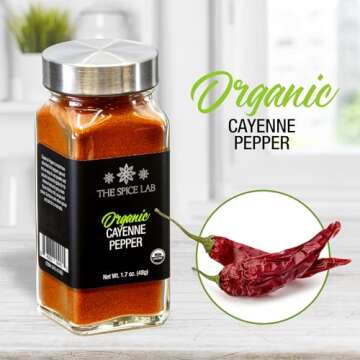 The Spice Lab Organic Cayenne Pepper Powder - Gluten Free Ground Cayenne Pepper for Mexican and Indian Cooking - 1.7 oz French Jar - Organic Kosher, Non GMO & Keto Friendly Seasoning