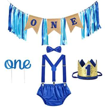Boy First Birthday Outfit - 6-in-1 Cake Smash Set with Decor