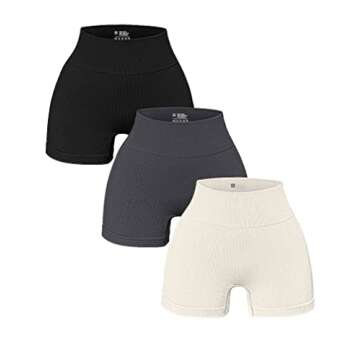 OQQ Women's 3 Piece Yoga Shorts Ribbed Seamless Workout High Waist Athletic Leggings Black Grey Beige