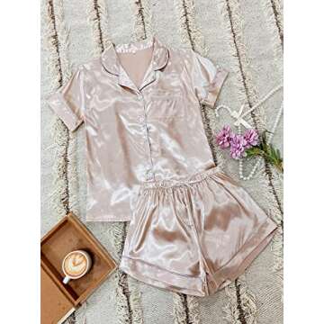 Verdusa Women's 2pc Palm Print Satin Nightwear Button Front Pajamas Set Champagne Solid S