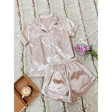 Verdusa Women's 2pc Palm Print Satin Nightwear Button Front Pajamas Set Champagne Solid S